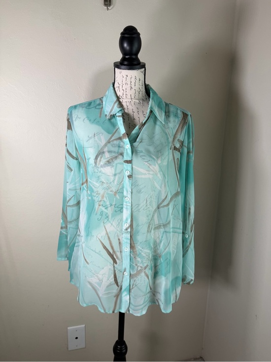 Chico's Tops - Chico's Aqua & Taupe Abstract Silk-Blend Button Front Blouse